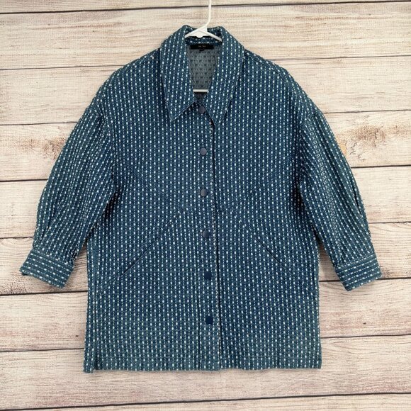 Zow Zow Striped Embroidered Denim Snap Down Jacket‎ Women's Large Blue/White - Picture 1 of 12